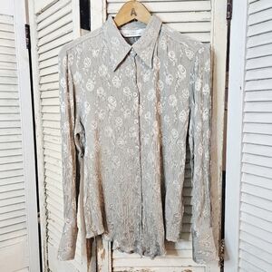 Vintage 90s Marks & Spencer Silver Grey Crinkle Floral Blouse S/M